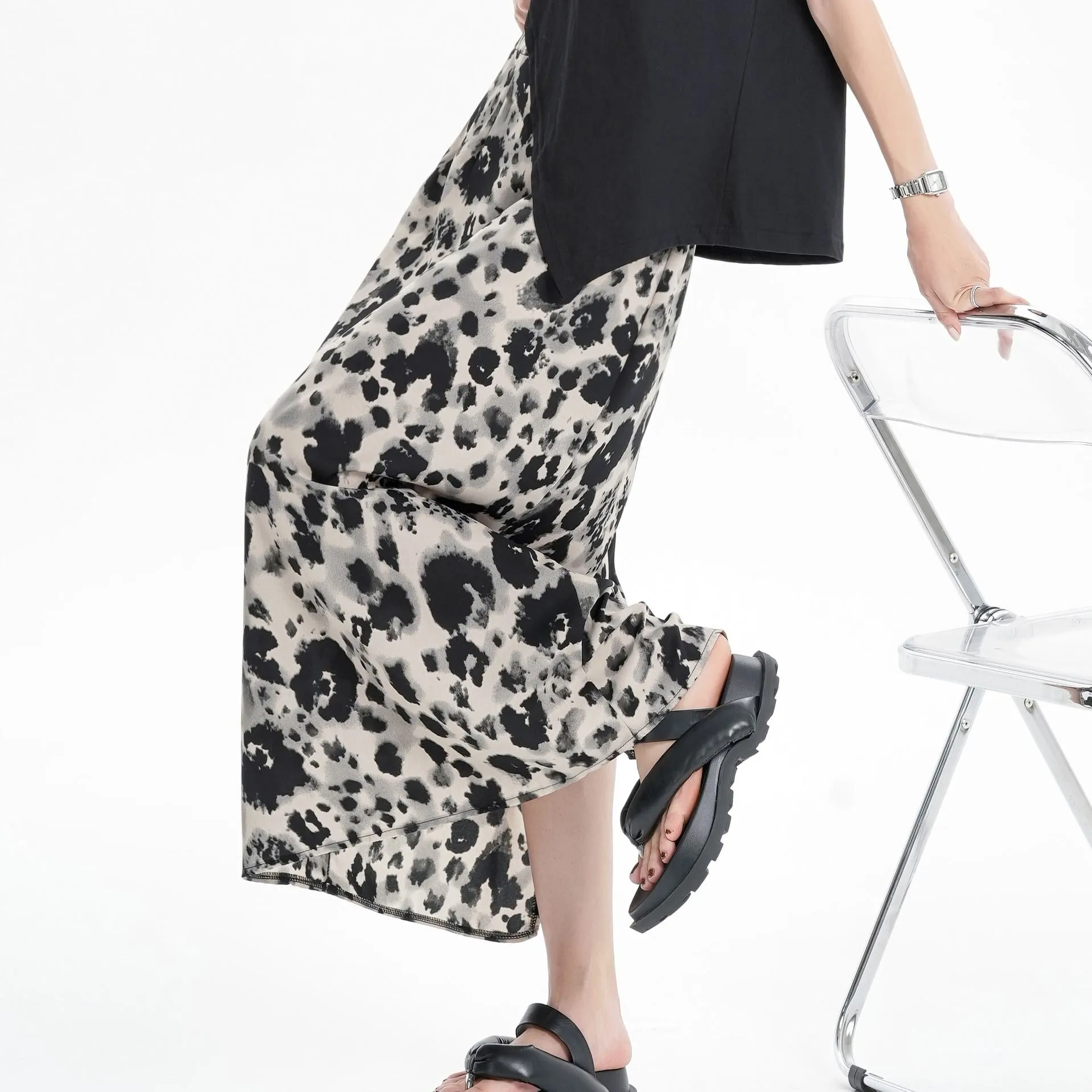 Slimming Elastic Waist Floral Print Split Hem Leopard-Print Mesh Skirt