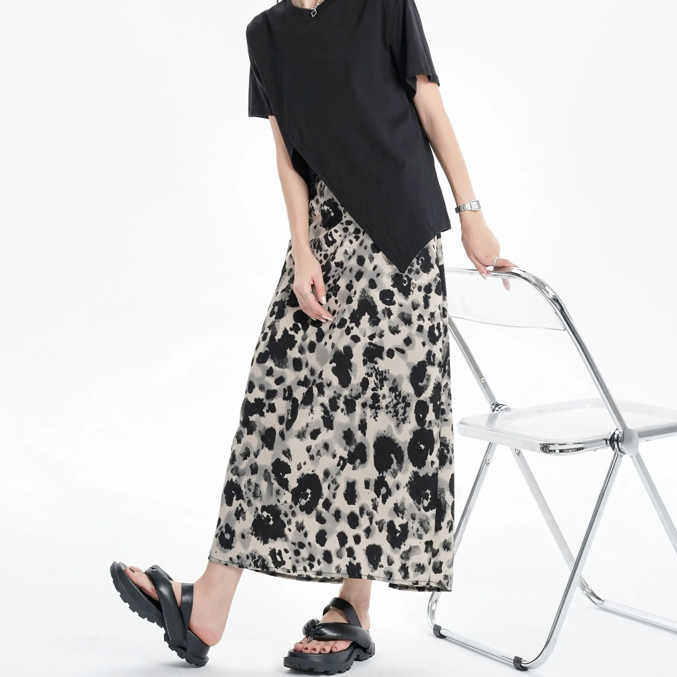 Slimming Elastic Waist Floral Print Split Hem Leopard-Print Mesh Skirt