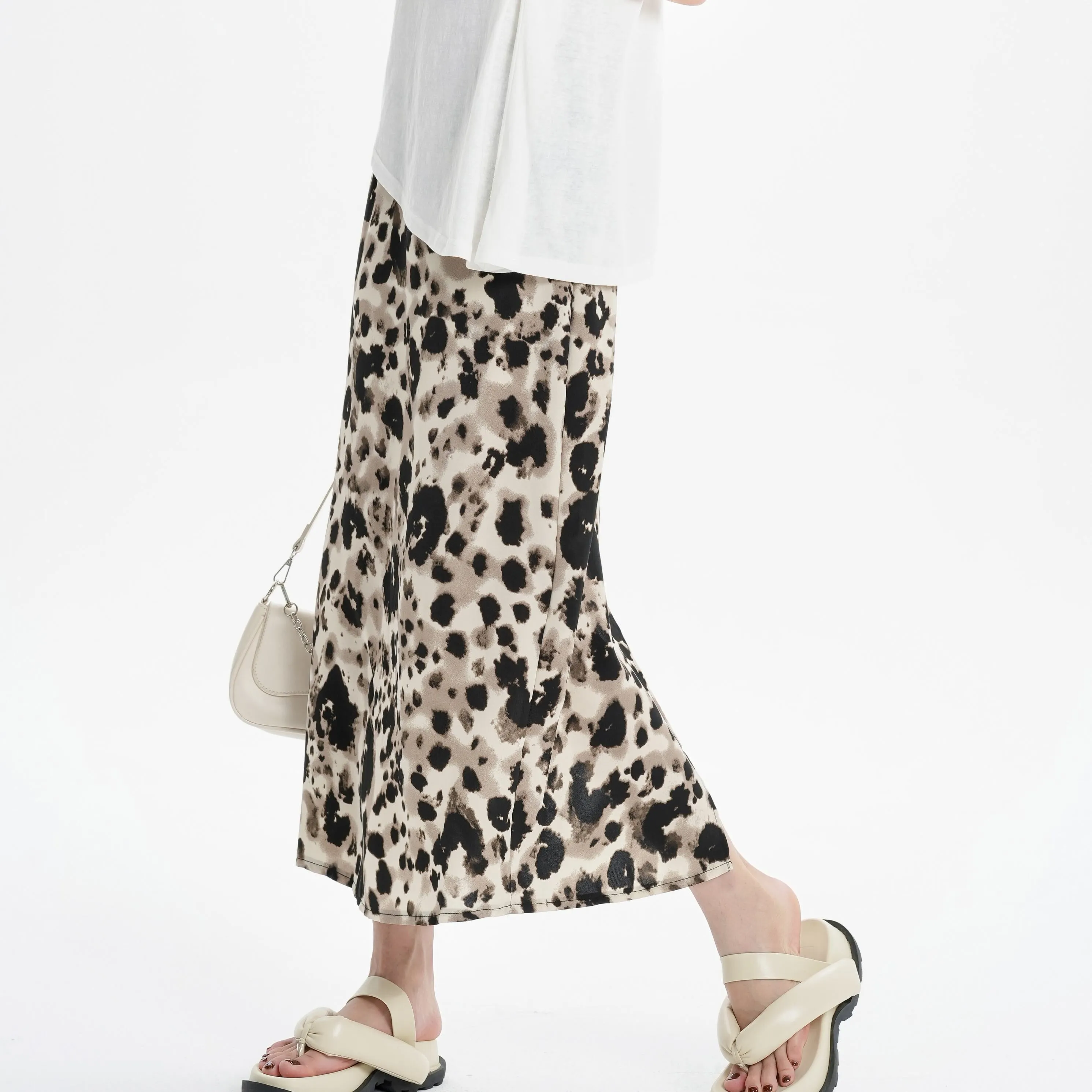 Slimming Elastic Waist Floral Print Split Hem Leopard-Print Mesh Skirt