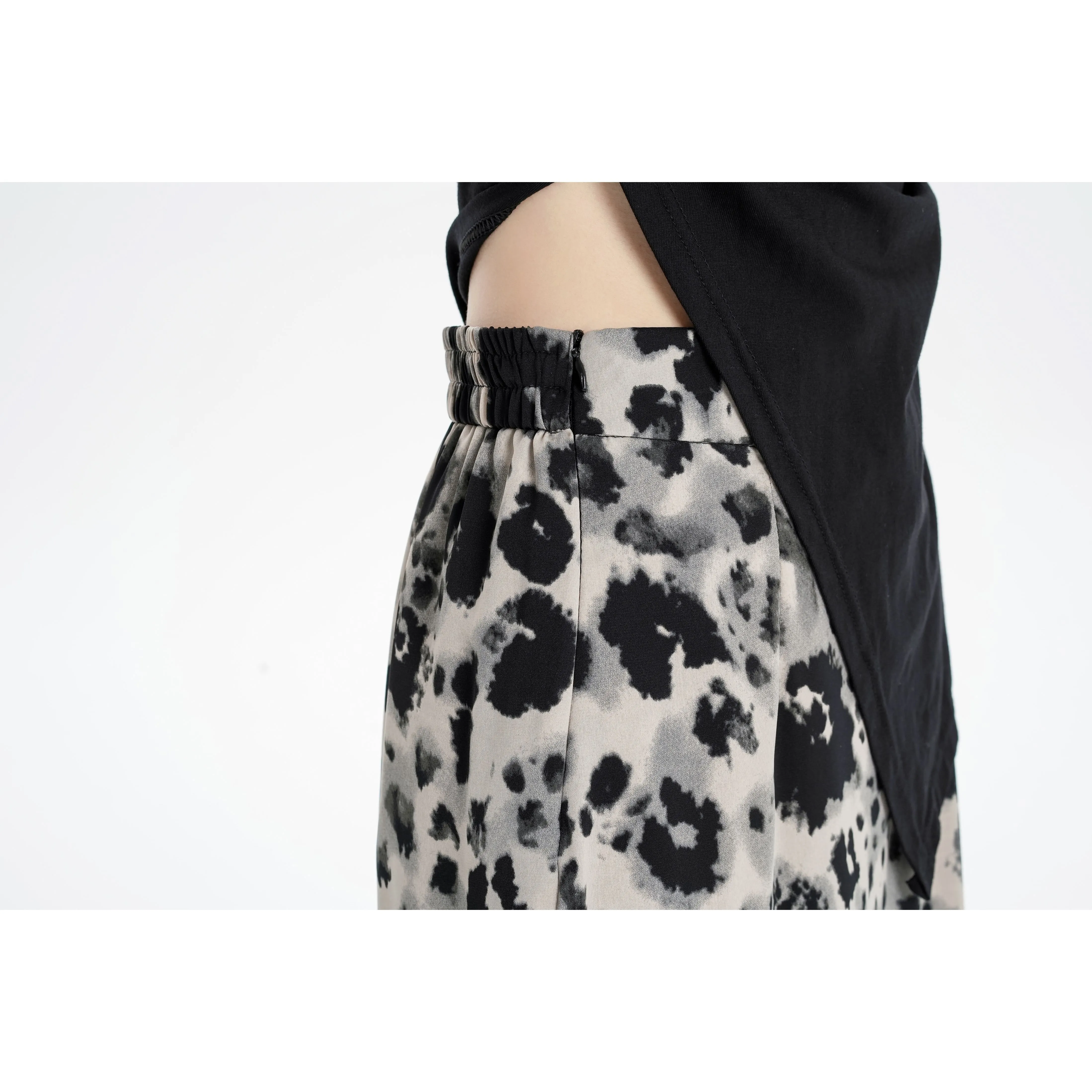 Slimming Elastic Waist Floral Print Split Hem Leopard-Print Mesh Skirt