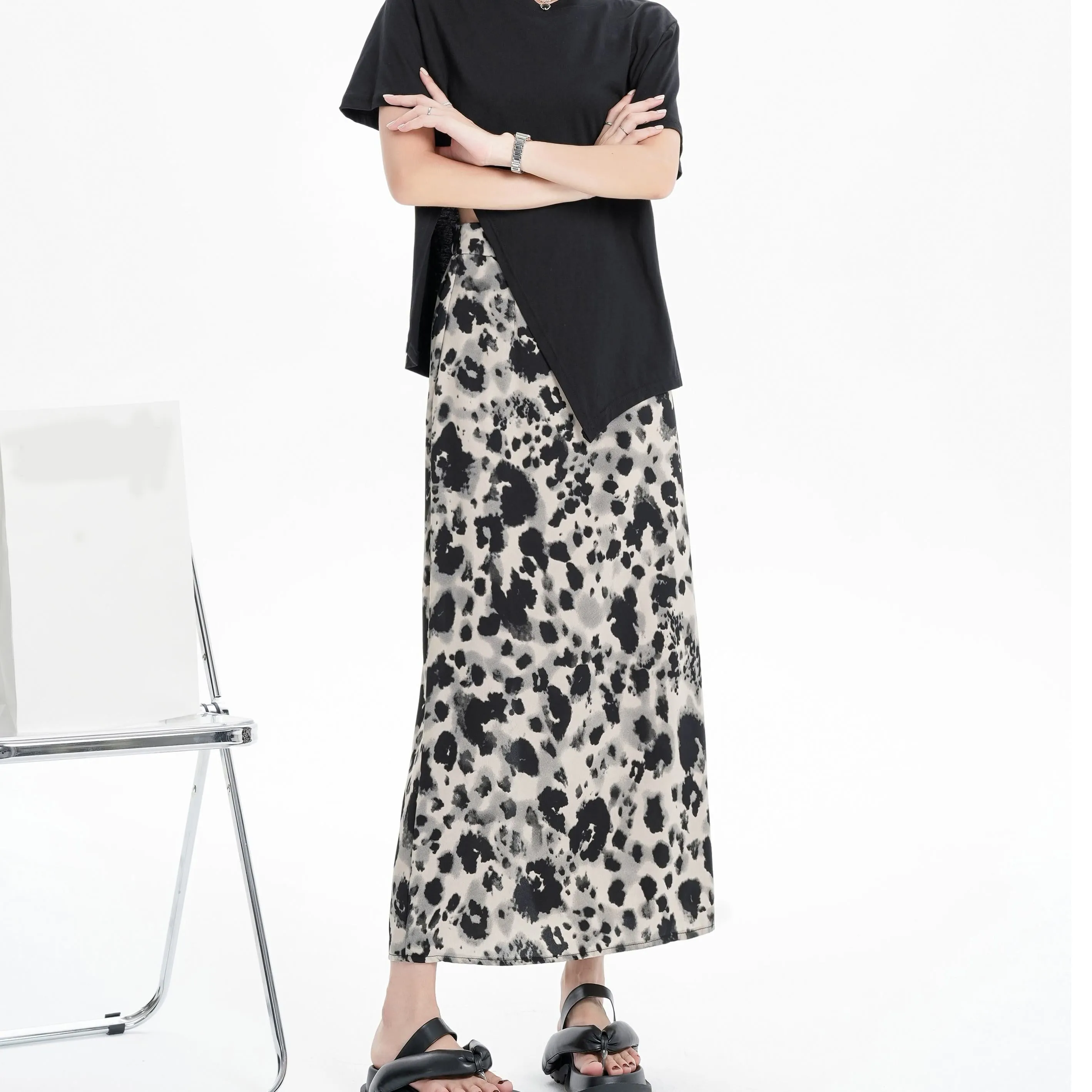 Slimming Elastic Waist Floral Print Split Hem Leopard-Print Mesh Skirt
