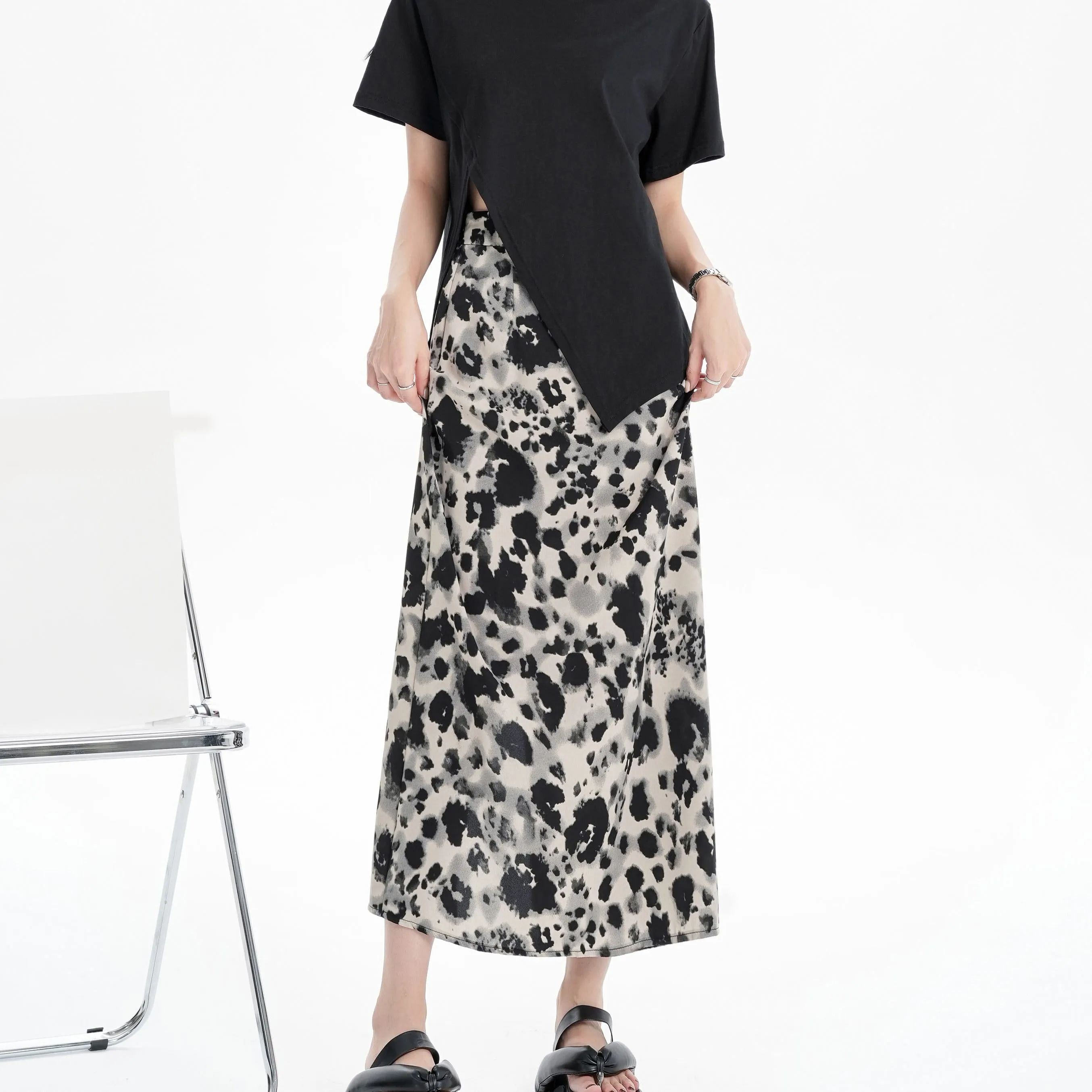 Slimming Elastic Waist Floral Print Split Hem Leopard-Print Mesh Skirt