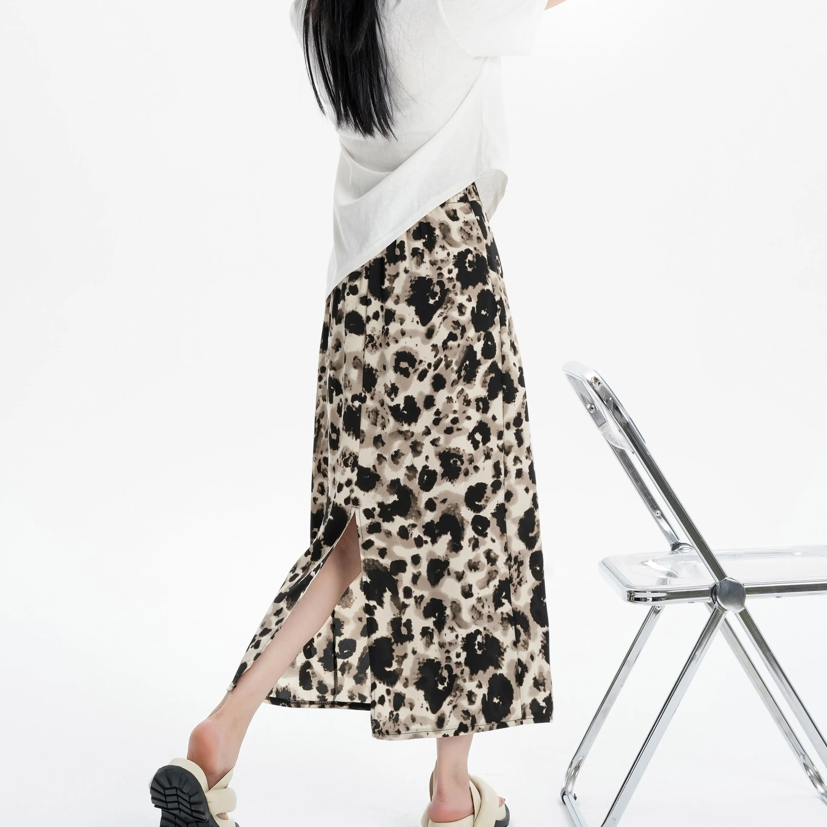 Slimming Elastic Waist Floral Print Split Hem Leopard-Print Mesh Skirt