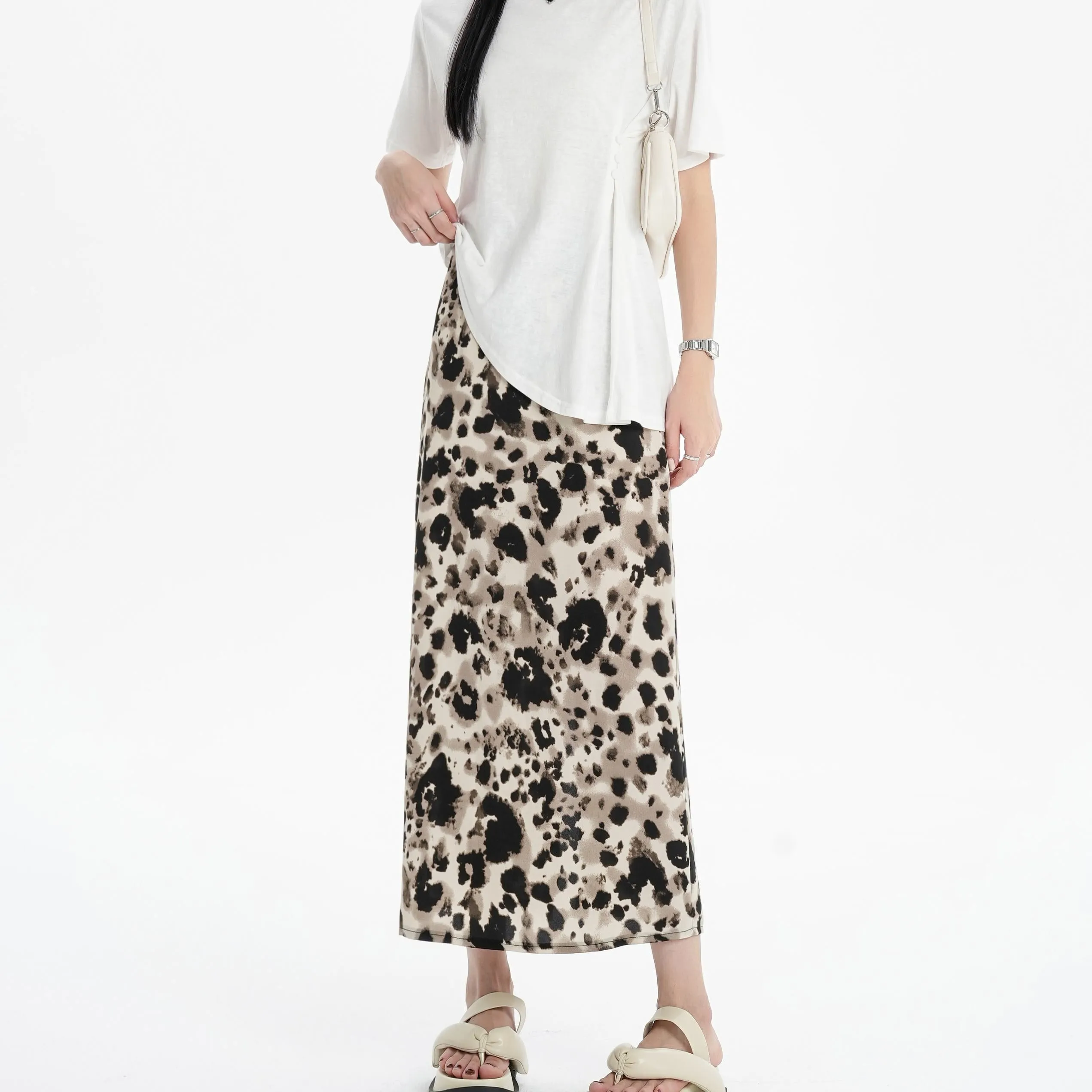 Slimming Elastic Waist Floral Print Split Hem Leopard-Print Mesh Skirt