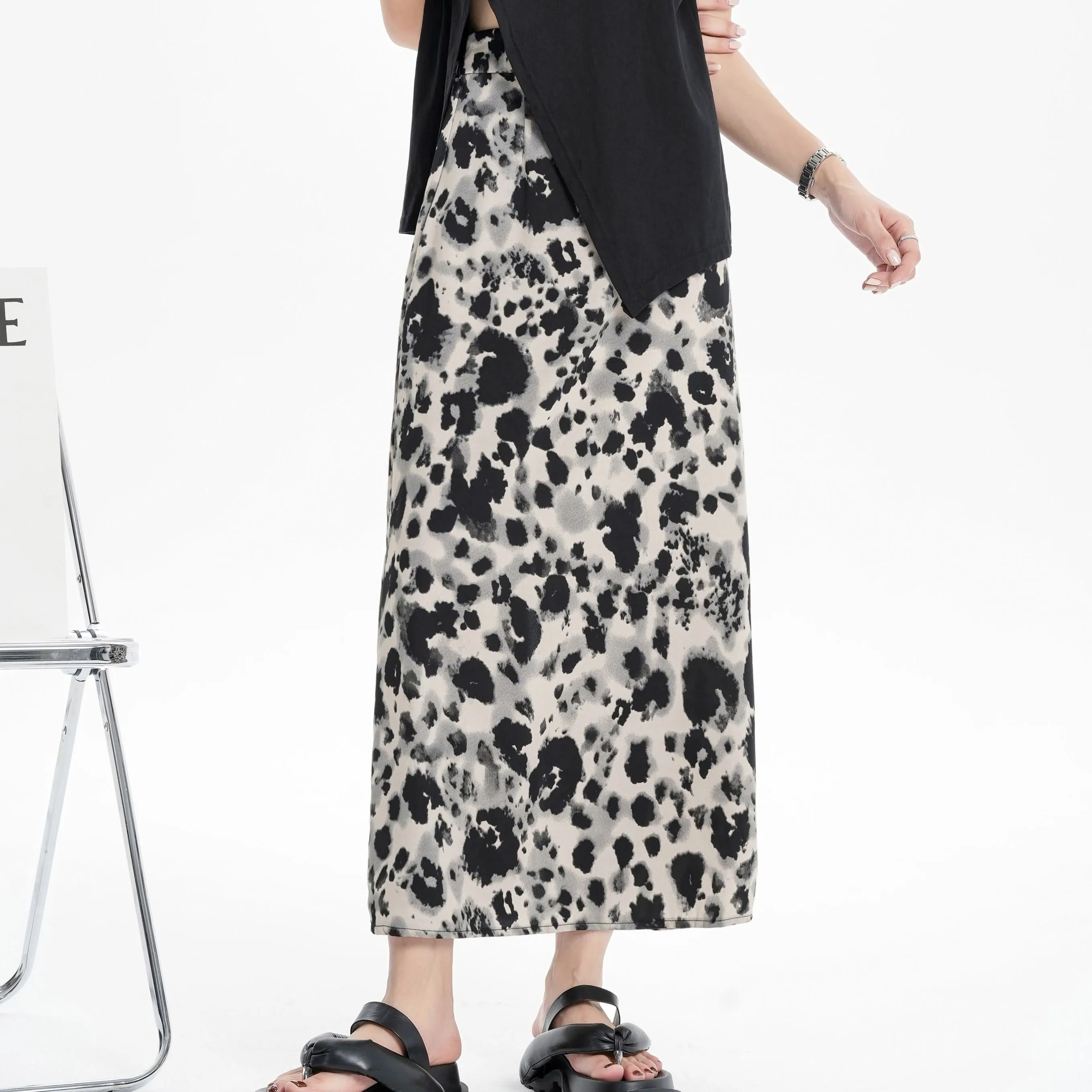 Slimming Elastic Waist Floral Print Split Hem Leopard-Print Mesh Skirt