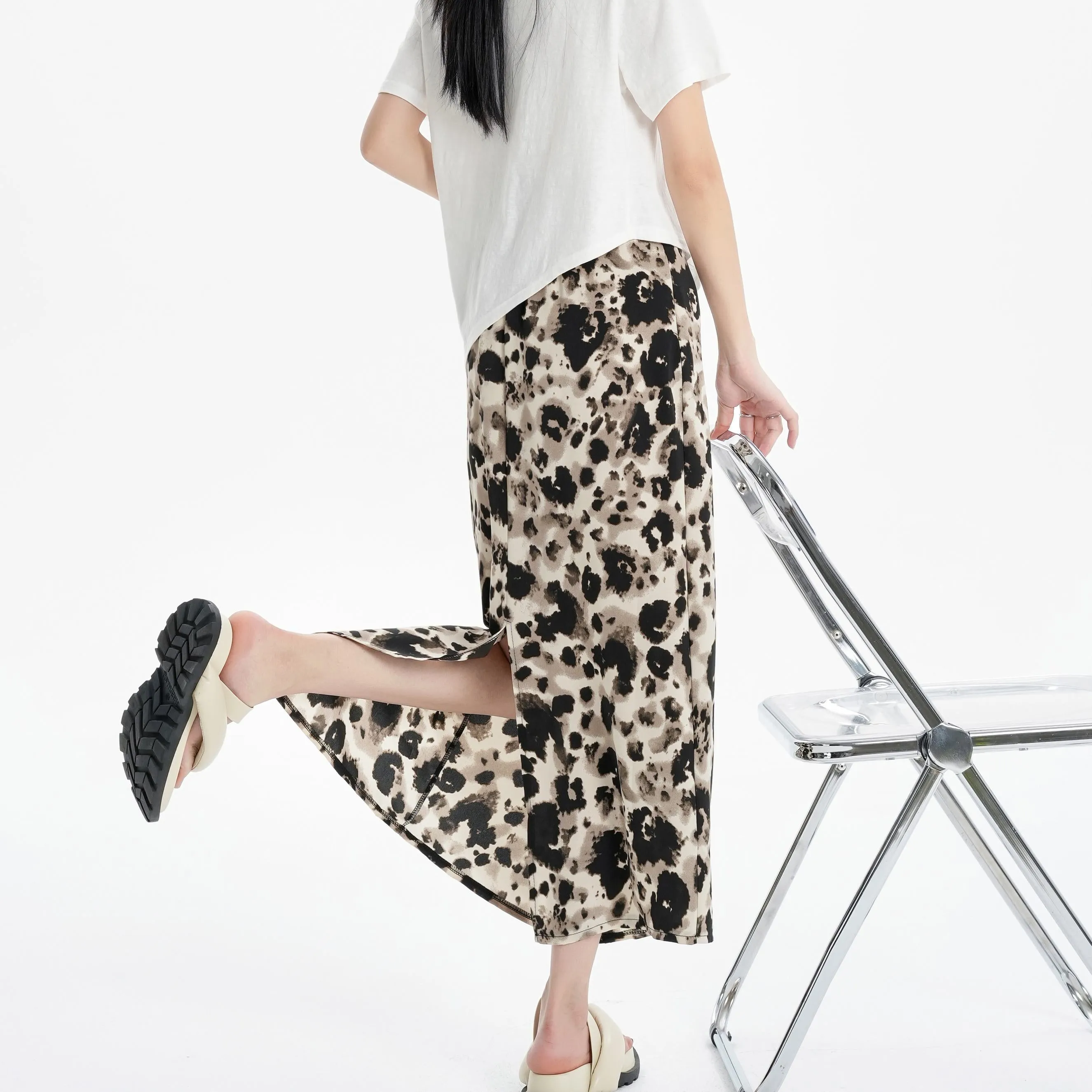 Slimming Elastic Waist Floral Print Split Hem Leopard-Print Mesh Skirt