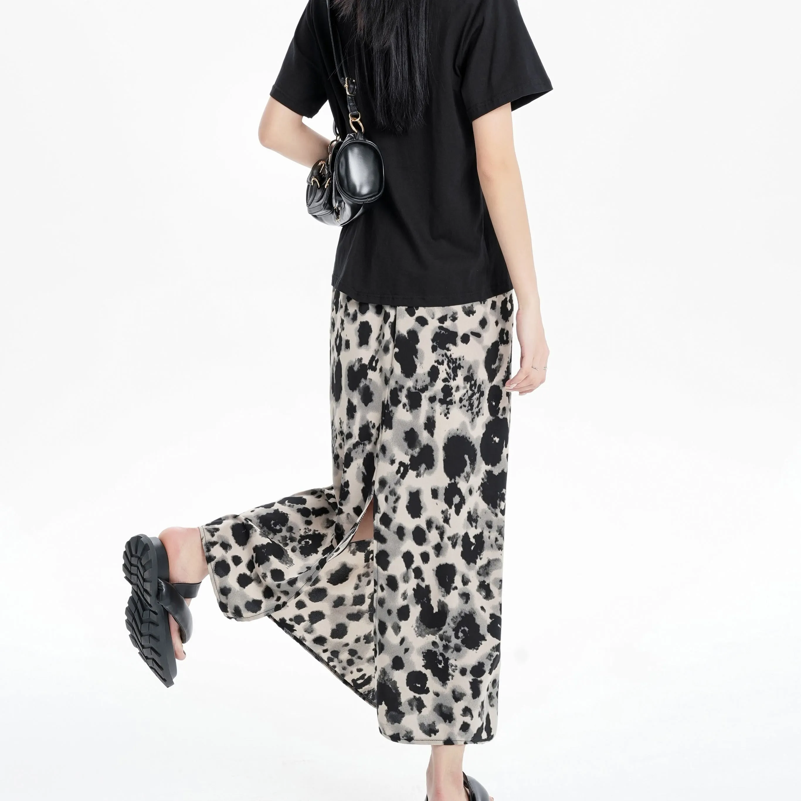 Slimming Elastic Waist Floral Print Split Hem Leopard-Print Mesh Skirt
