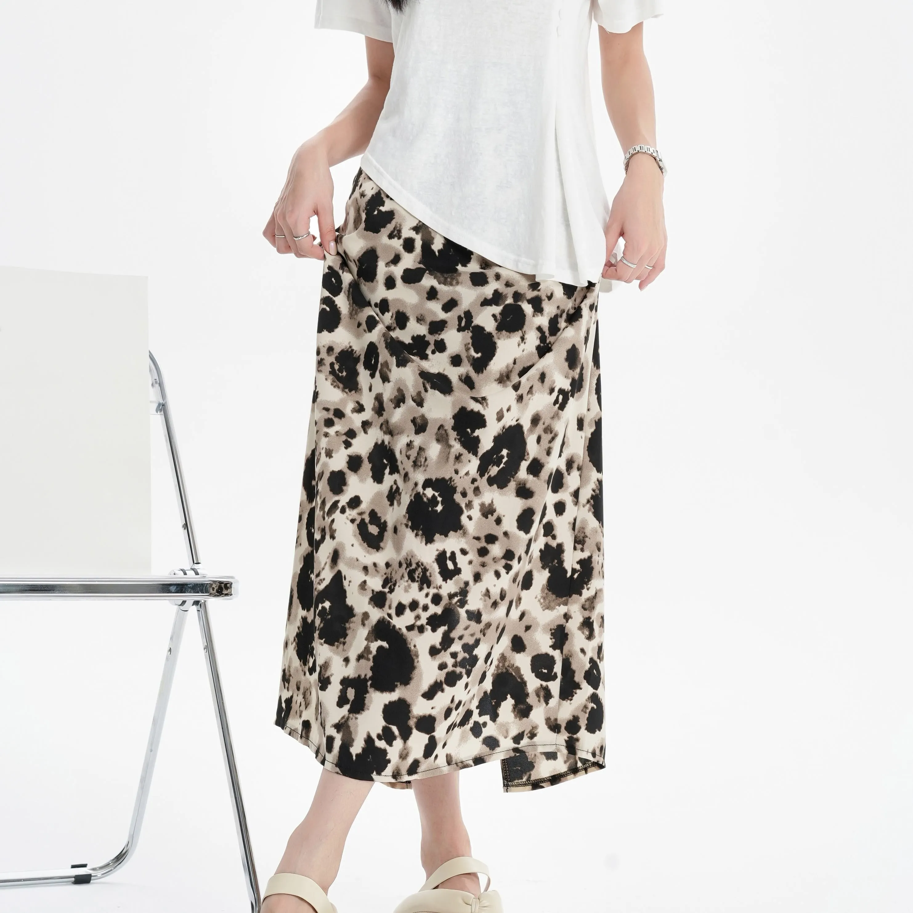 Slimming Elastic Waist Floral Print Split Hem Leopard-Print Mesh Skirt