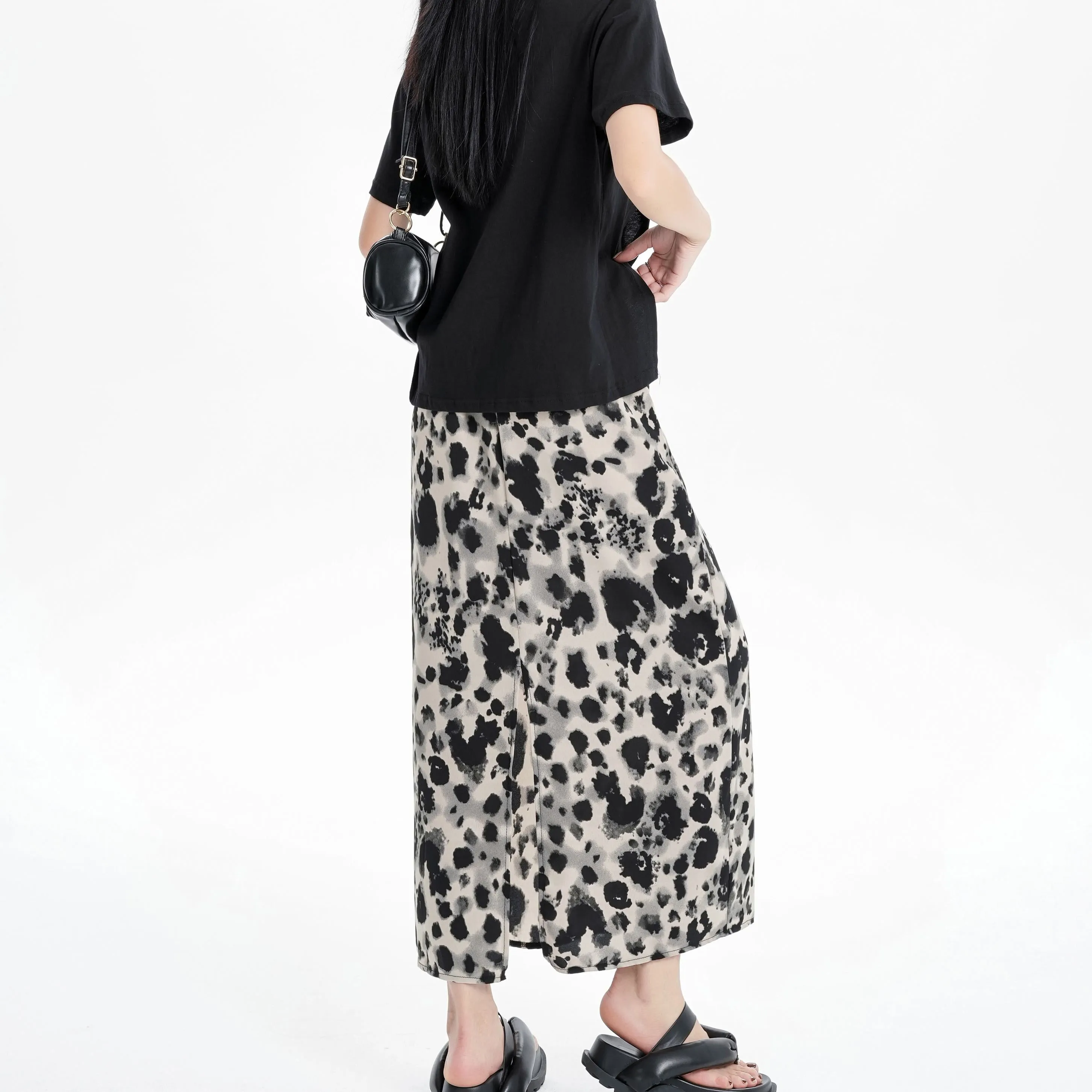 Slimming Elastic Waist Floral Print Split Hem Leopard-Print Mesh Skirt