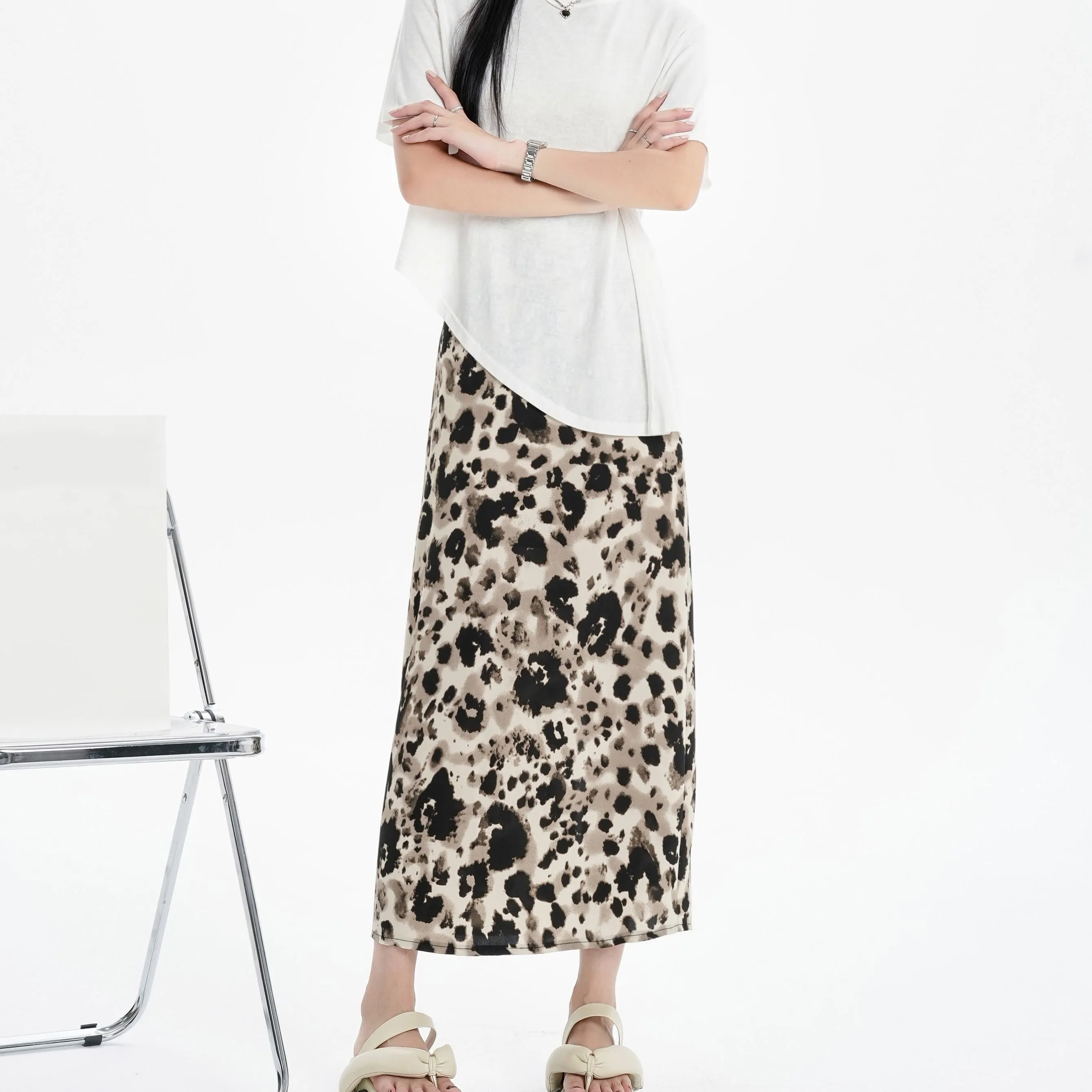 Slimming Elastic Waist Floral Print Split Hem Leopard-Print Mesh Skirt