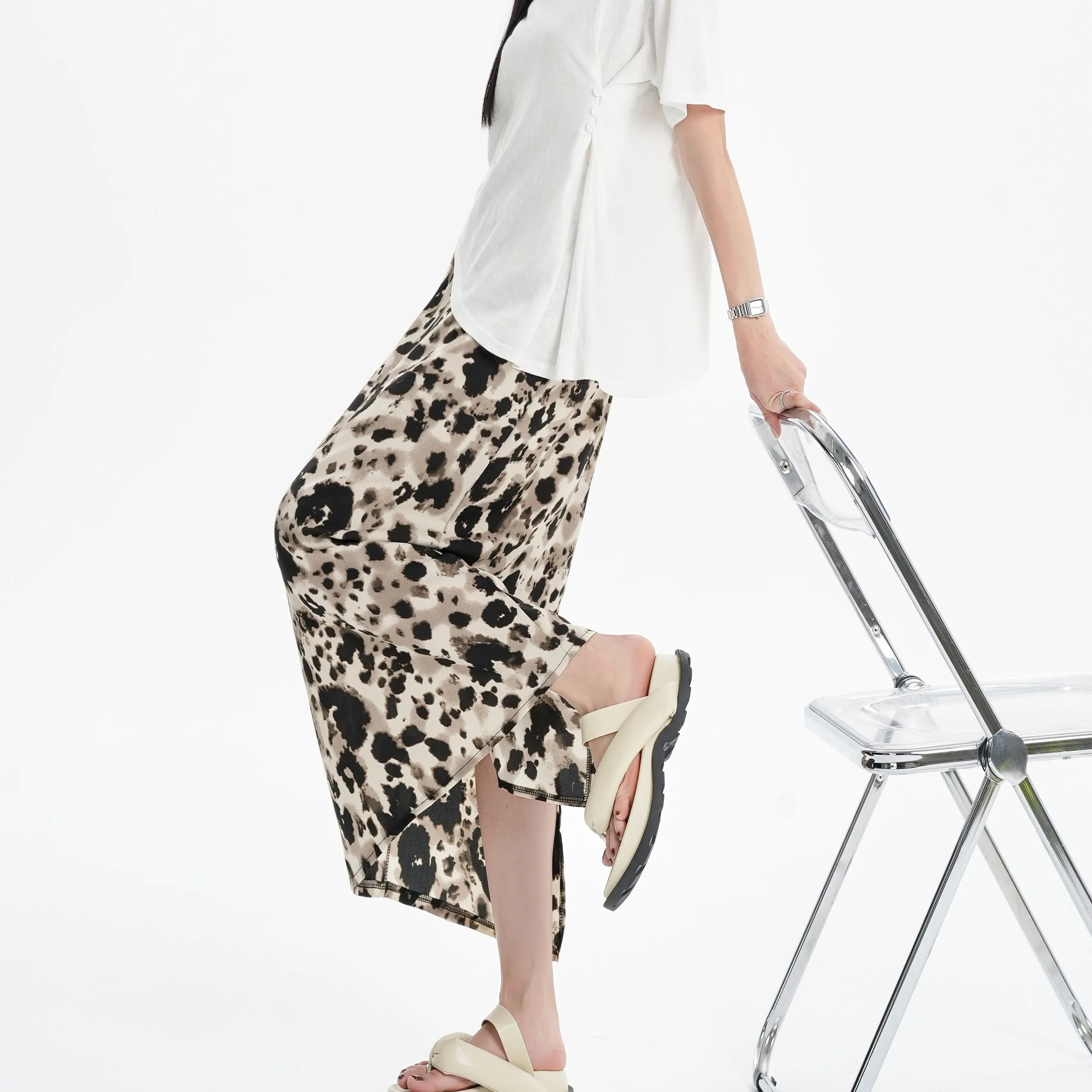 Slimming Elastic Waist Floral Print Split Hem Leopard-Print Mesh Skirt