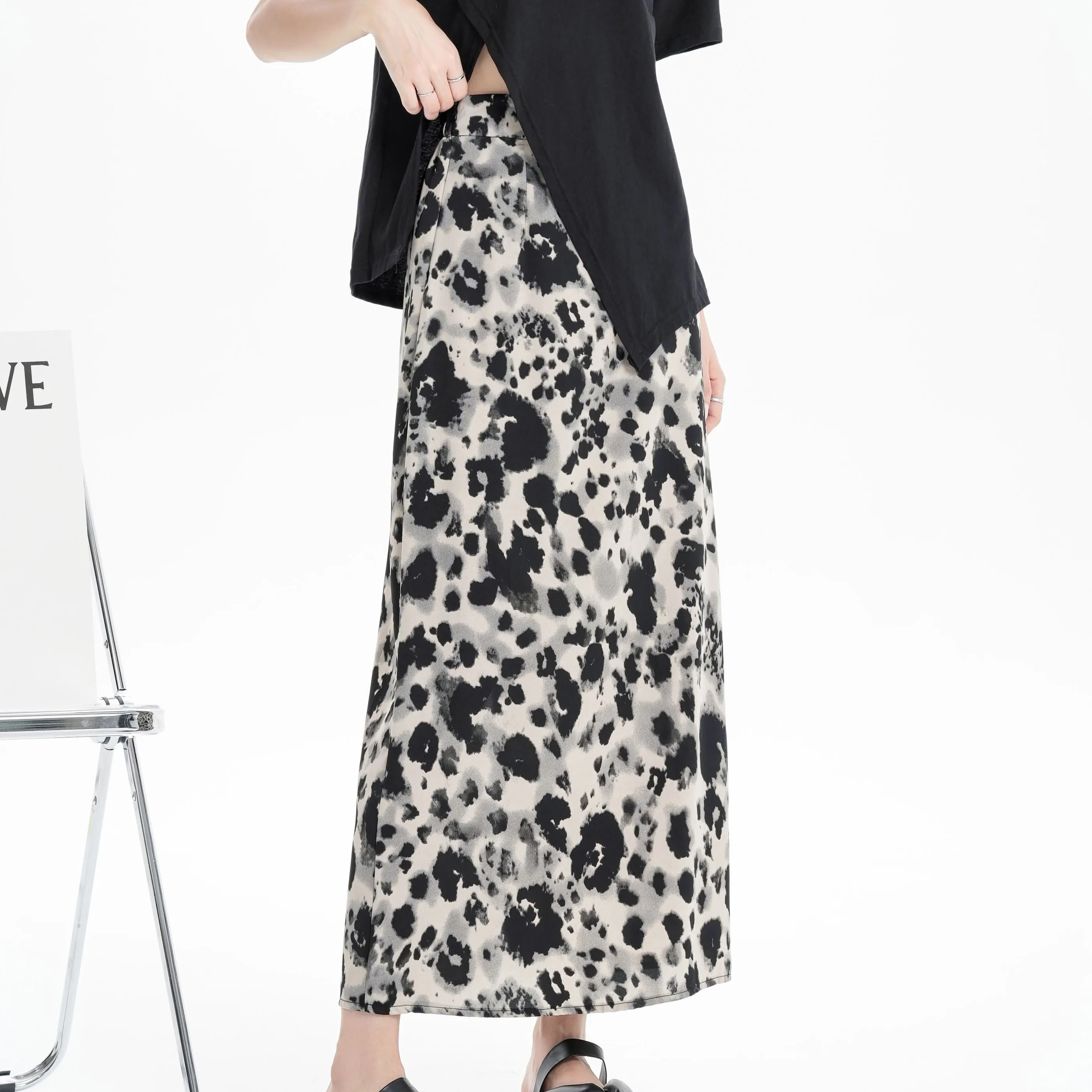 Slimming Elastic Waist Floral Print Split Hem Leopard-Print Mesh Skirt