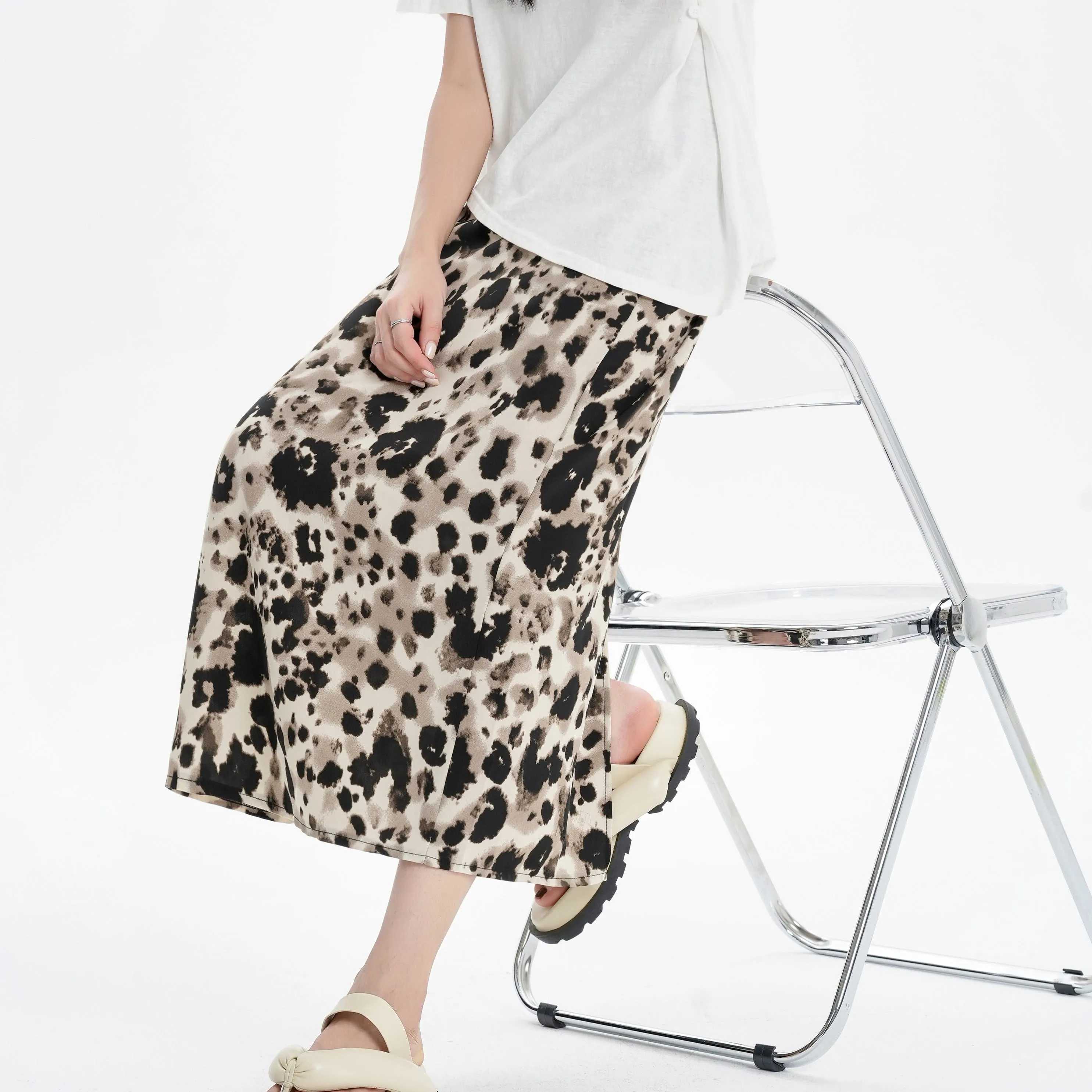 Slimming Elastic Waist Floral Print Split Hem Leopard-Print Mesh Skirt