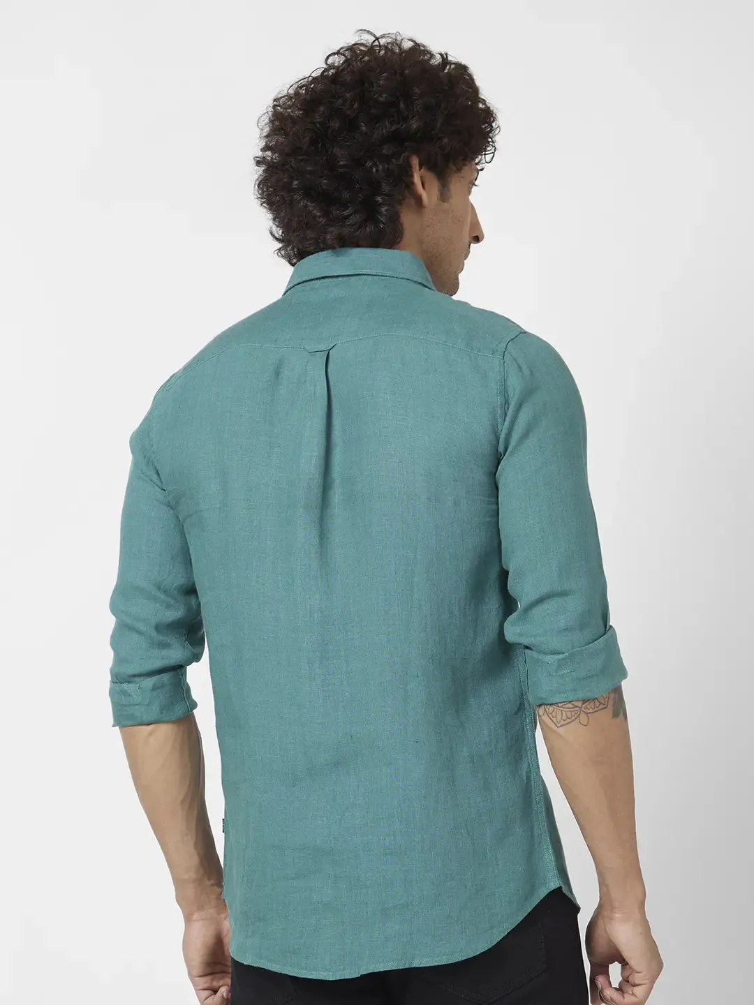 Spykar Men Atlantic Green Linen Regular Slim Fit Full Sleeve Plain Shirt