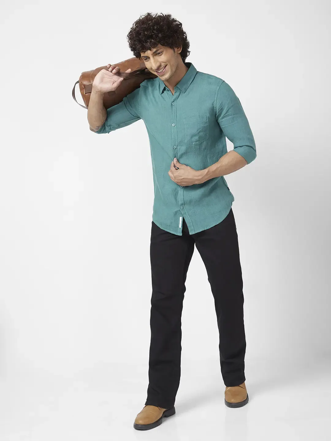 Spykar Men Atlantic Green Linen Regular Slim Fit Full Sleeve Plain Shirt