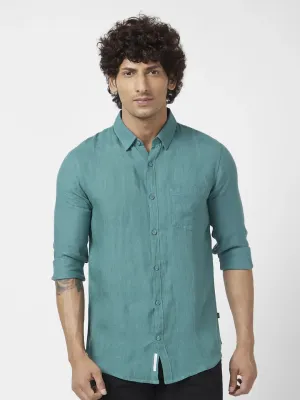 Spykar Men Atlantic Green Linen Regular Slim Fit Full Sleeve Plain Shirt