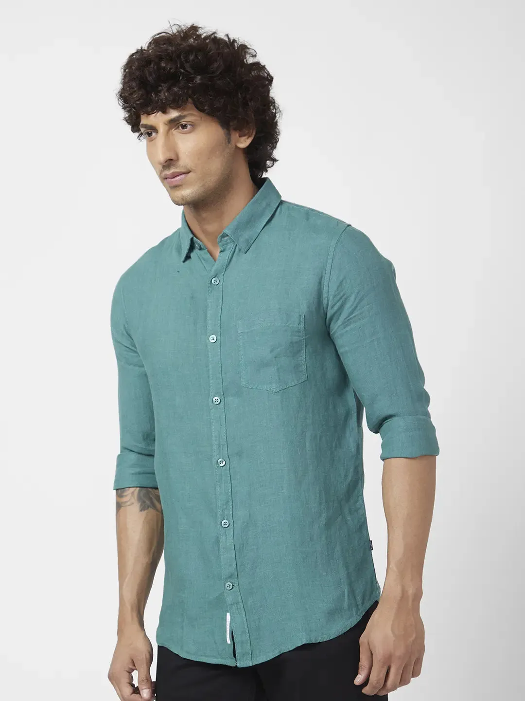 Spykar Men Atlantic Green Linen Regular Slim Fit Full Sleeve Plain Shirt