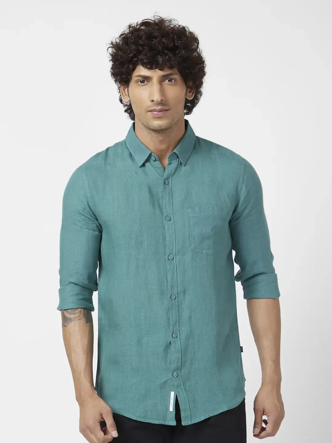 Spykar Men Atlantic Green Linen Regular Slim Fit Full Sleeve Plain Shirt