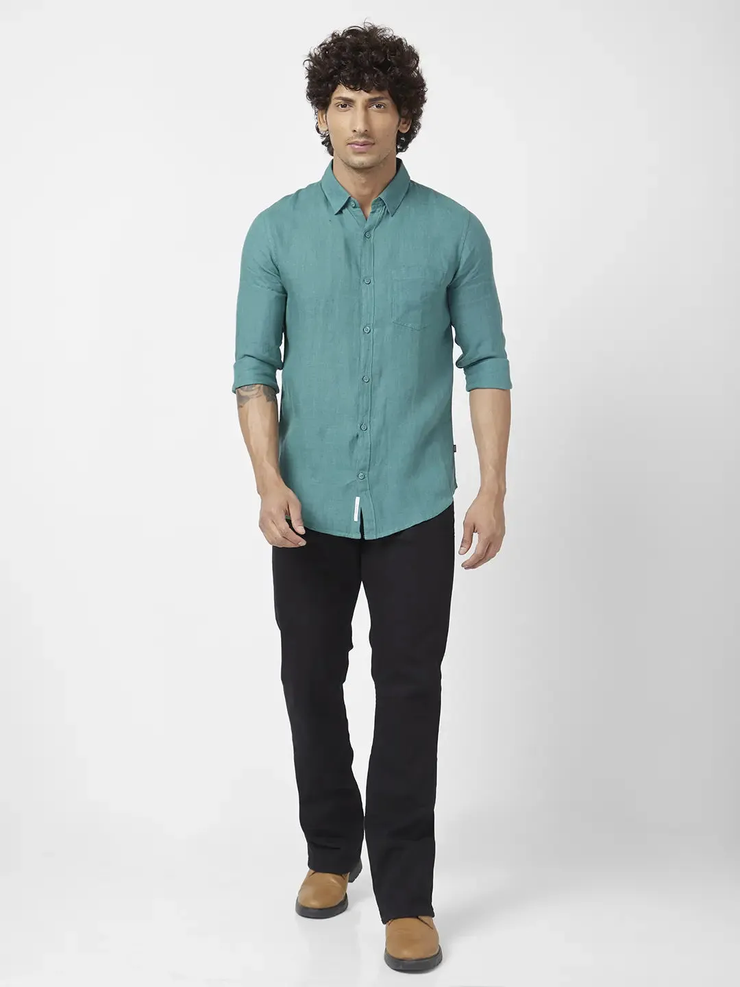 Spykar Men Atlantic Green Linen Regular Slim Fit Full Sleeve Plain Shirt