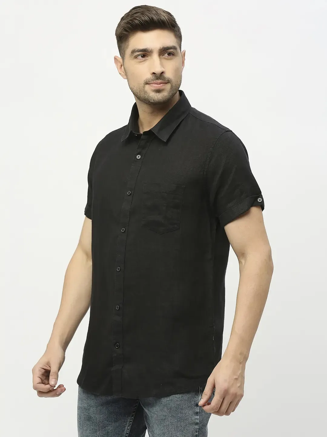 Spykar Men Black Linen Regular Fit Half Sleeve Plain Shirts
