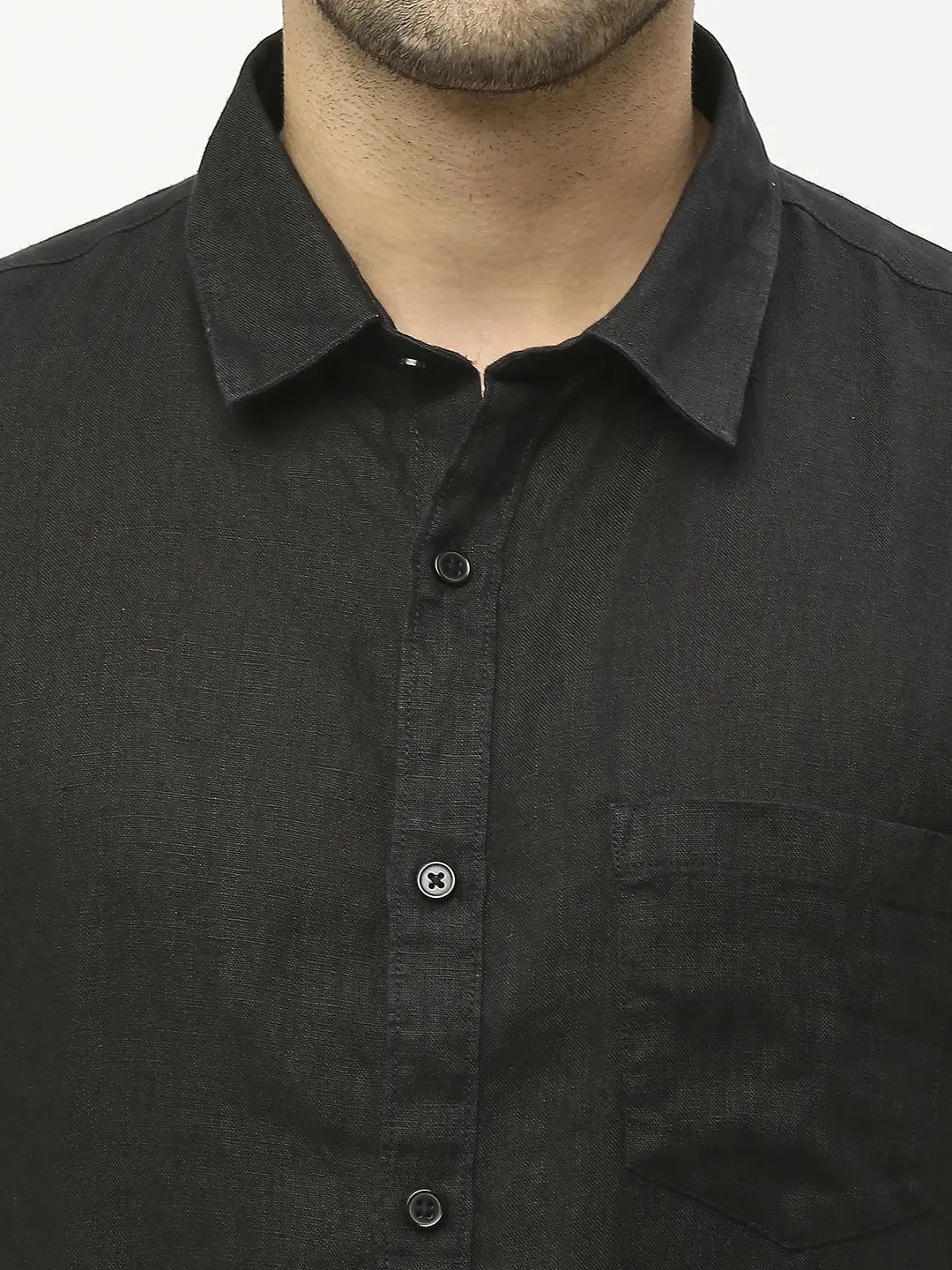 Spykar Men Black Linen Regular Fit Half Sleeve Plain Shirts
