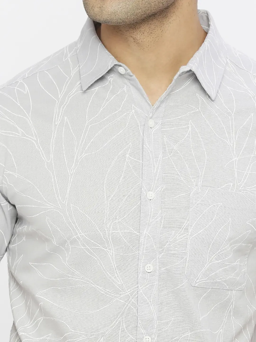 Spykar Men Light Grey Linen Slim Fit Half Sleeve Printed Shirt
