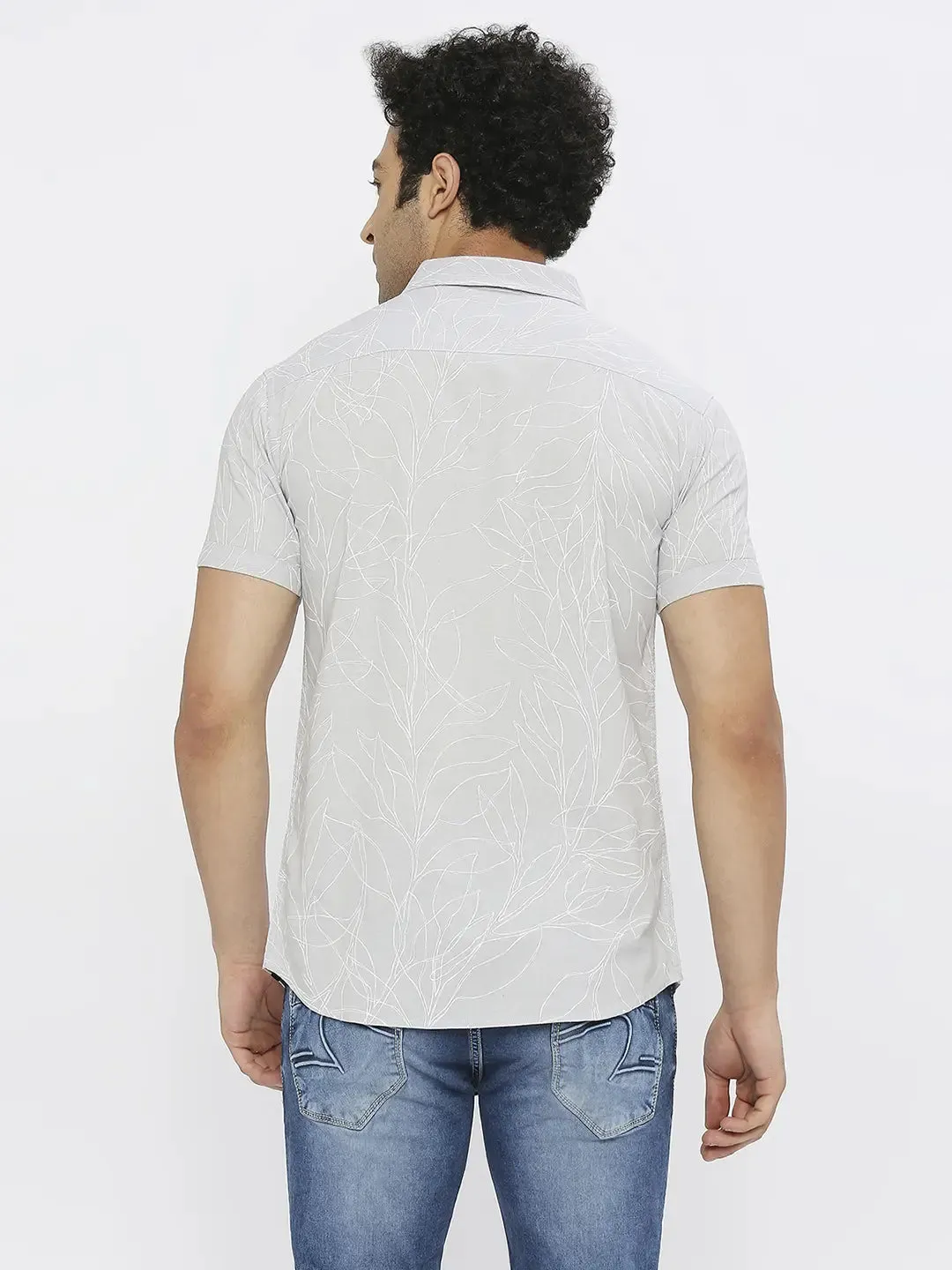 Spykar Men Light Grey Linen Slim Fit Half Sleeve Printed Shirt