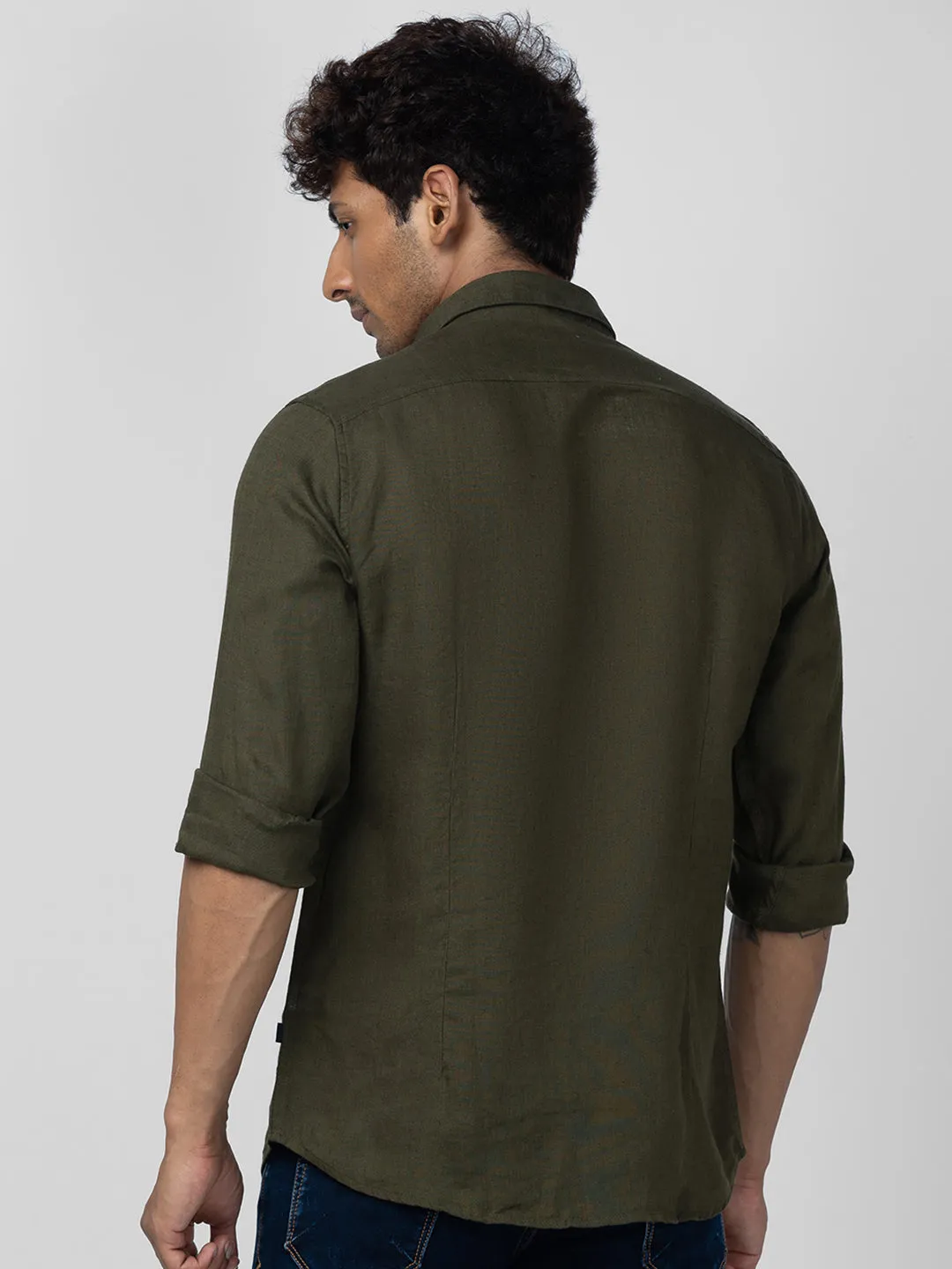 Spykar Men Military Green Linen Regular Slim Fit Plain Shirt