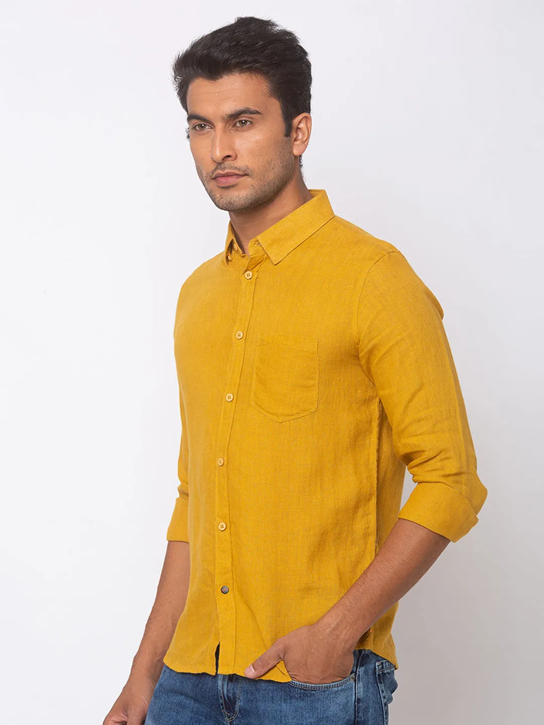Spykar Men Mustard Yellow Linen Slim Fit Shirt