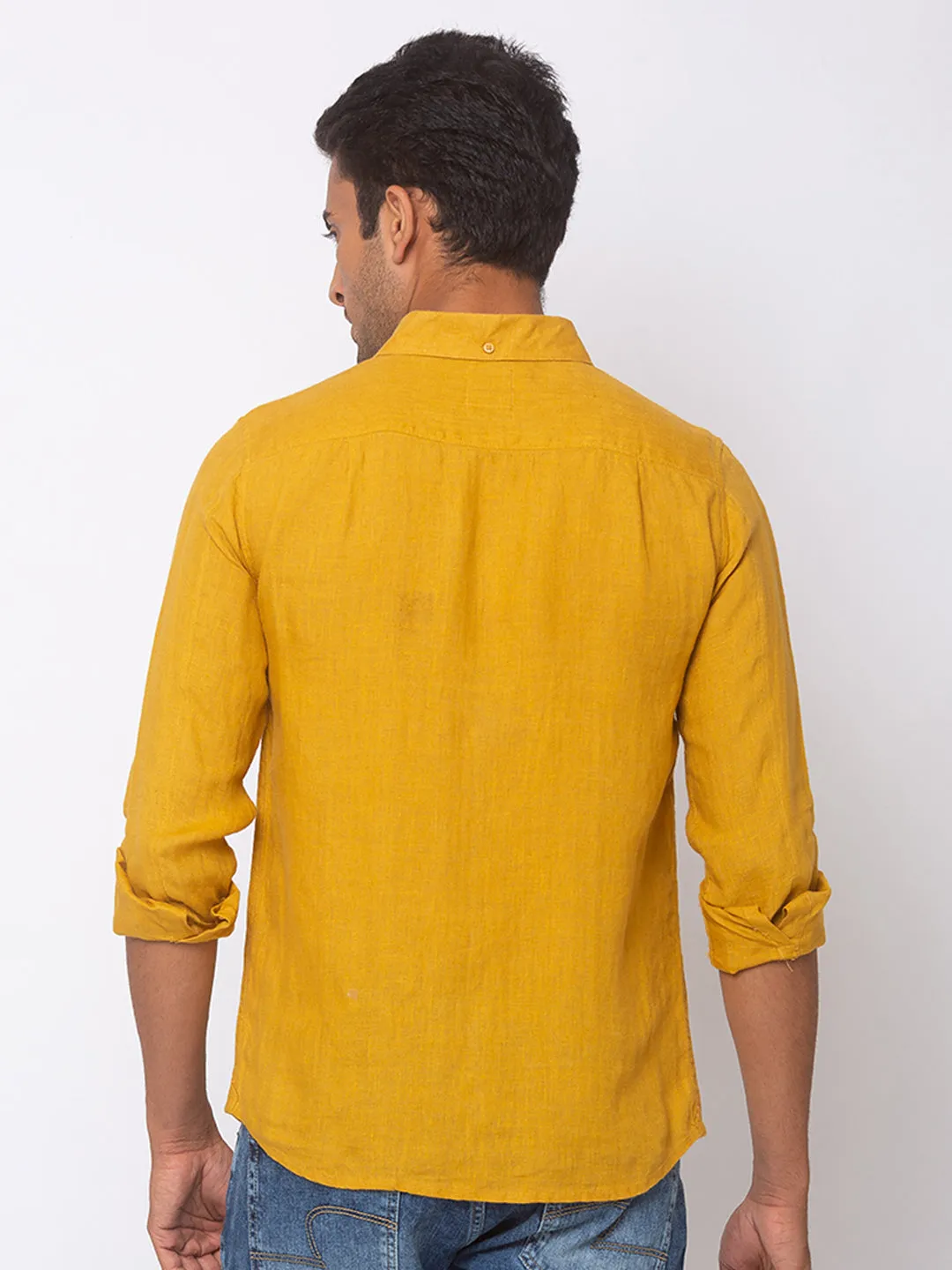 Spykar Men Mustard Yellow Linen Slim Fit Shirt