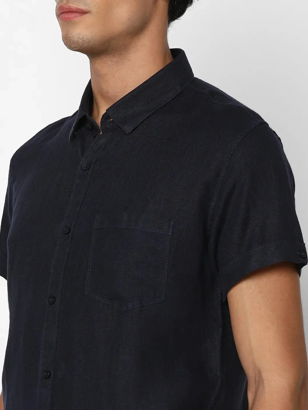 Spykar Men Navy Blue Linen Regular Slim Fit Half Sleeve Casual Plain Shirt