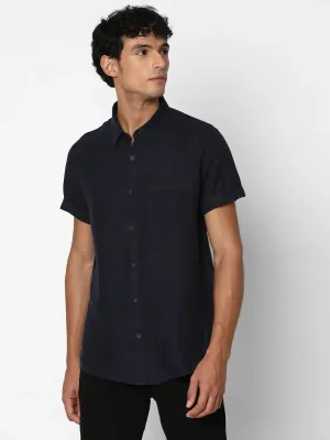Spykar Men Navy Blue Linen Regular Slim Fit Half Sleeve Casual Plain Shirt