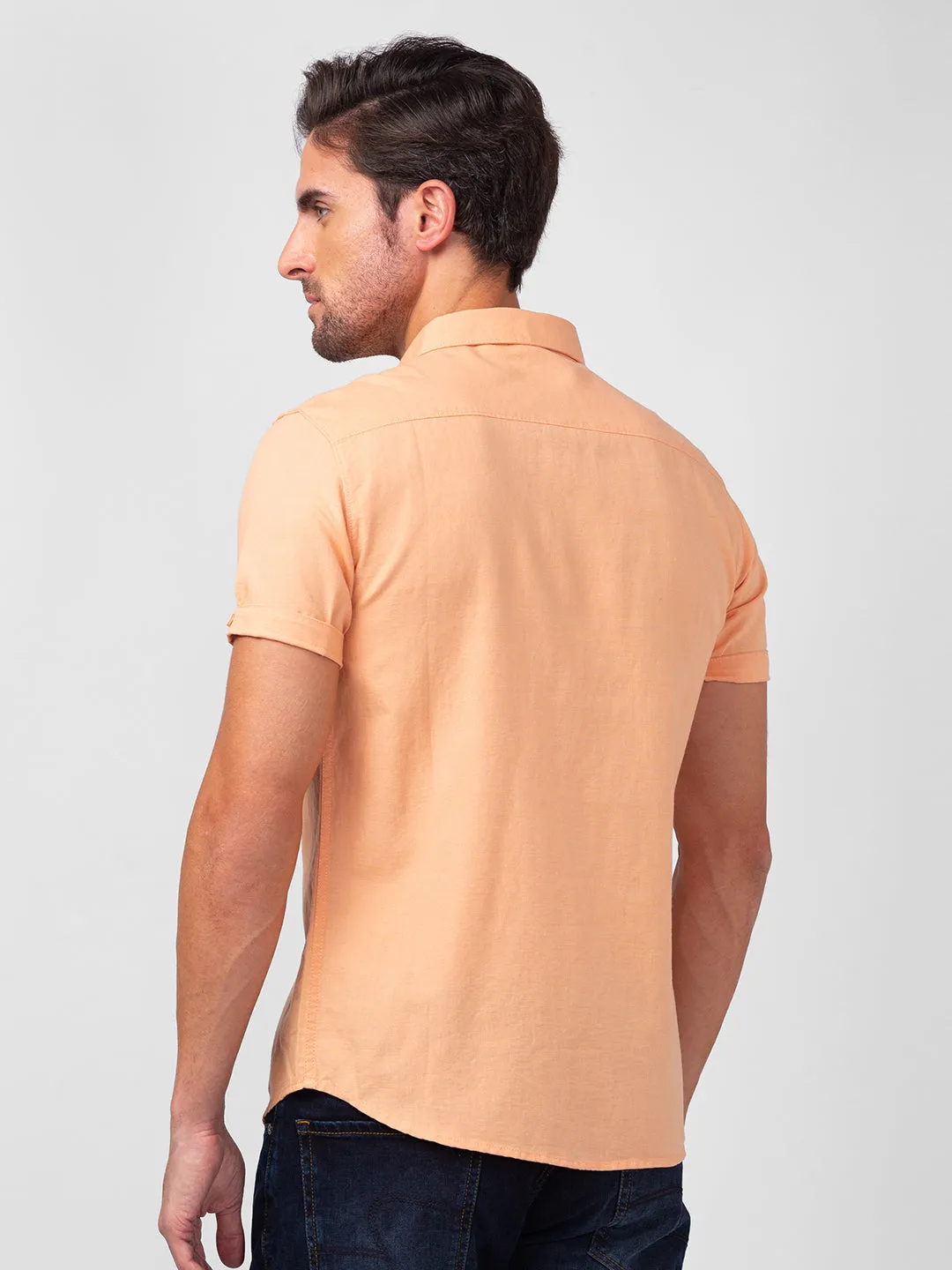 Spykar Men Peach Linen Slim Fit Plain Shirt