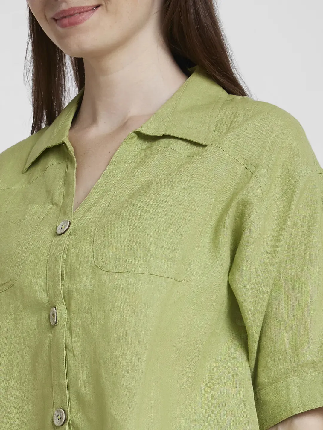 Spykar Women Bay Leaf Viscose Linen Slim Fit Half Sleeve Plain Crop Shirt