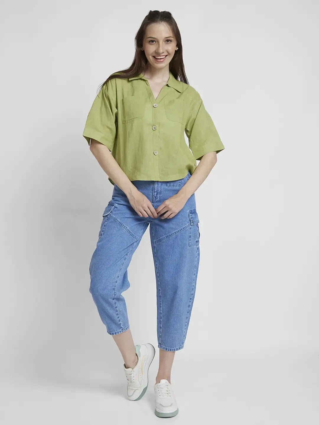 Spykar Women Bay Leaf Viscose Linen Slim Fit Half Sleeve Plain Crop Shirt