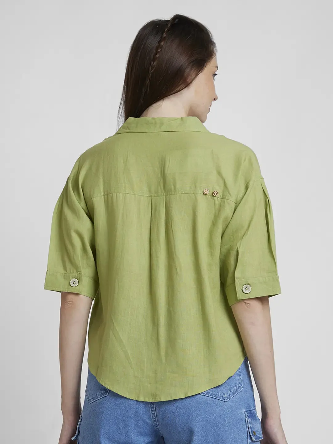 Spykar Women Bay Leaf Viscose Linen Slim Fit Half Sleeve Plain Crop Shirt