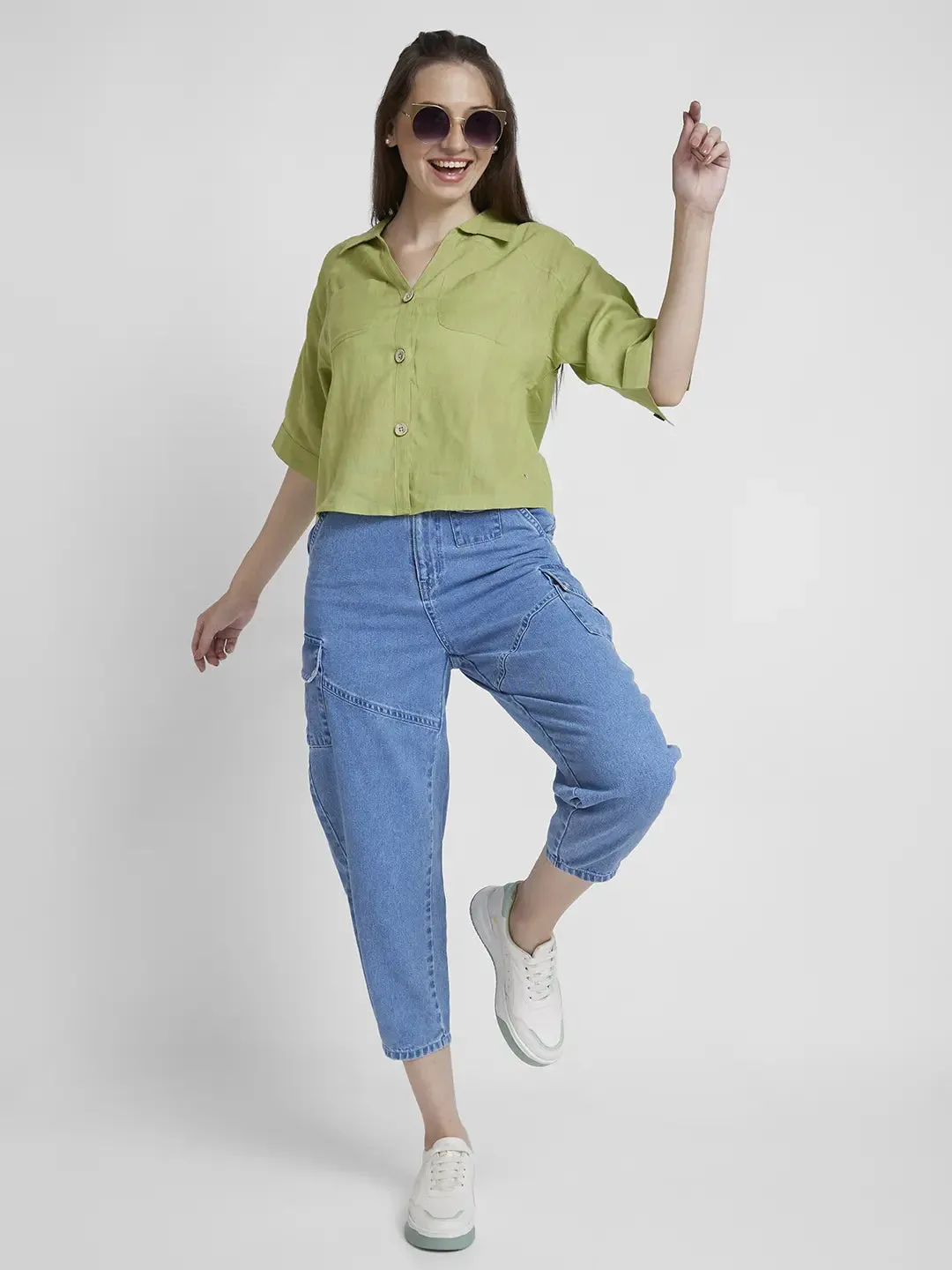 Spykar Women Bay Leaf Viscose Linen Slim Fit Half Sleeve Plain Crop Shirt