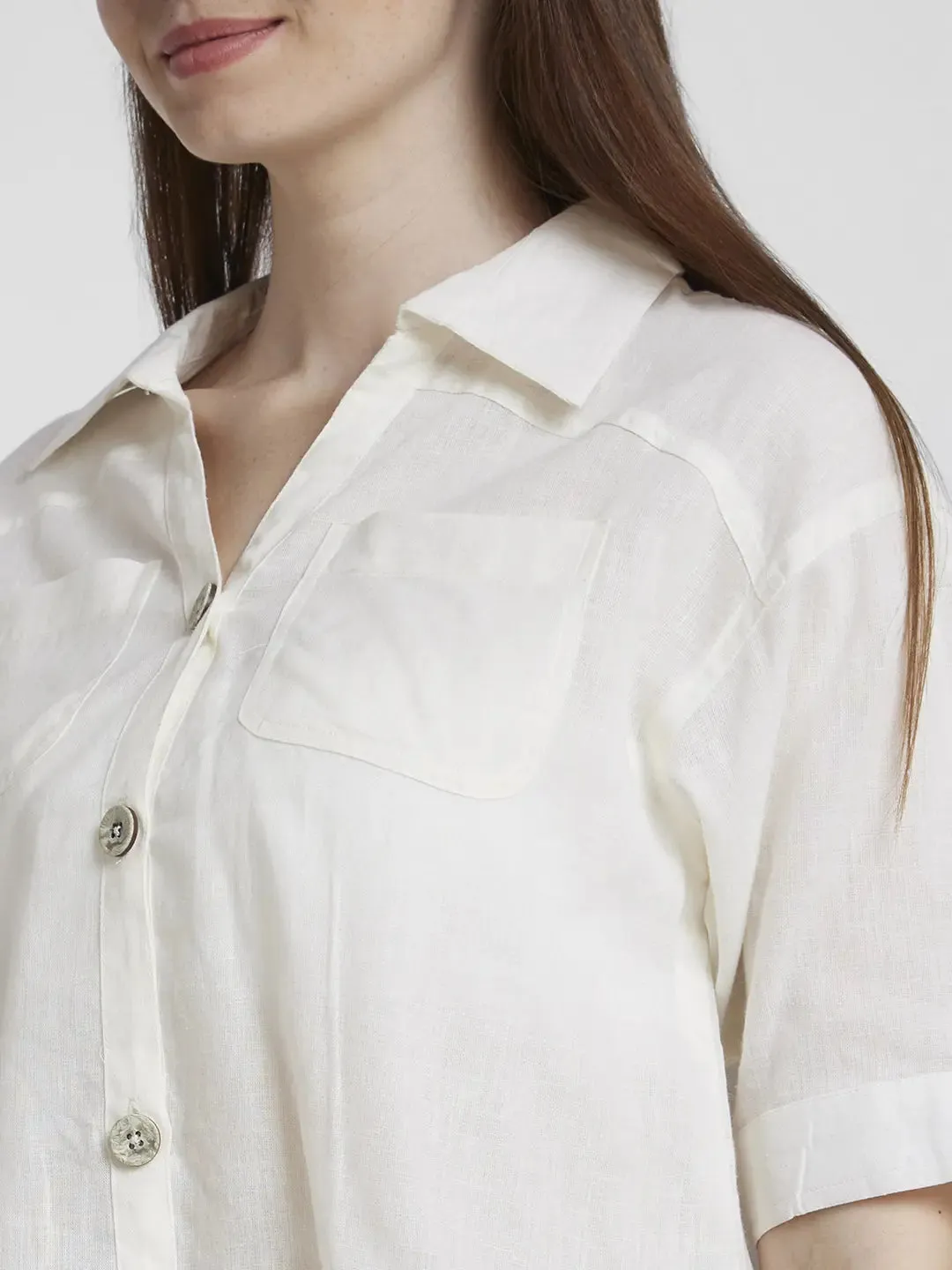 Spykar Women White Viscose Linen Slim Fit Half Sleeve Plain Crop Shirt