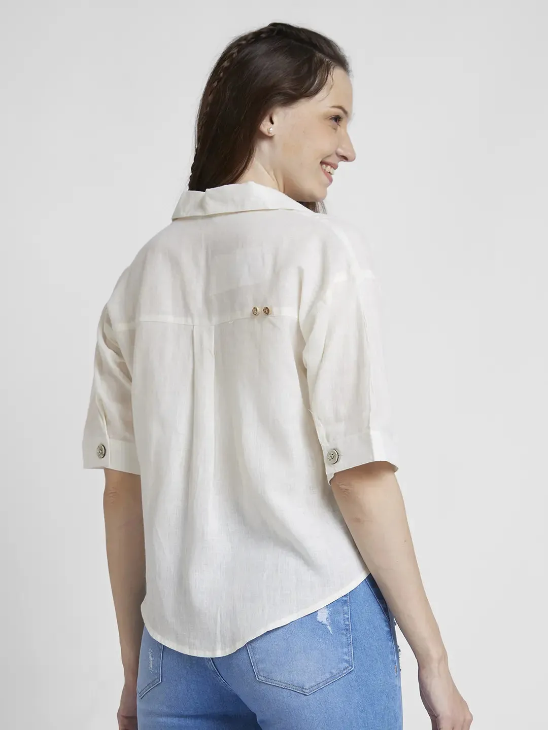 Spykar Women White Viscose Linen Slim Fit Half Sleeve Plain Crop Shirt