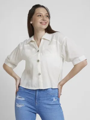 Spykar Women White Viscose Linen Slim Fit Half Sleeve Plain Crop Shirt