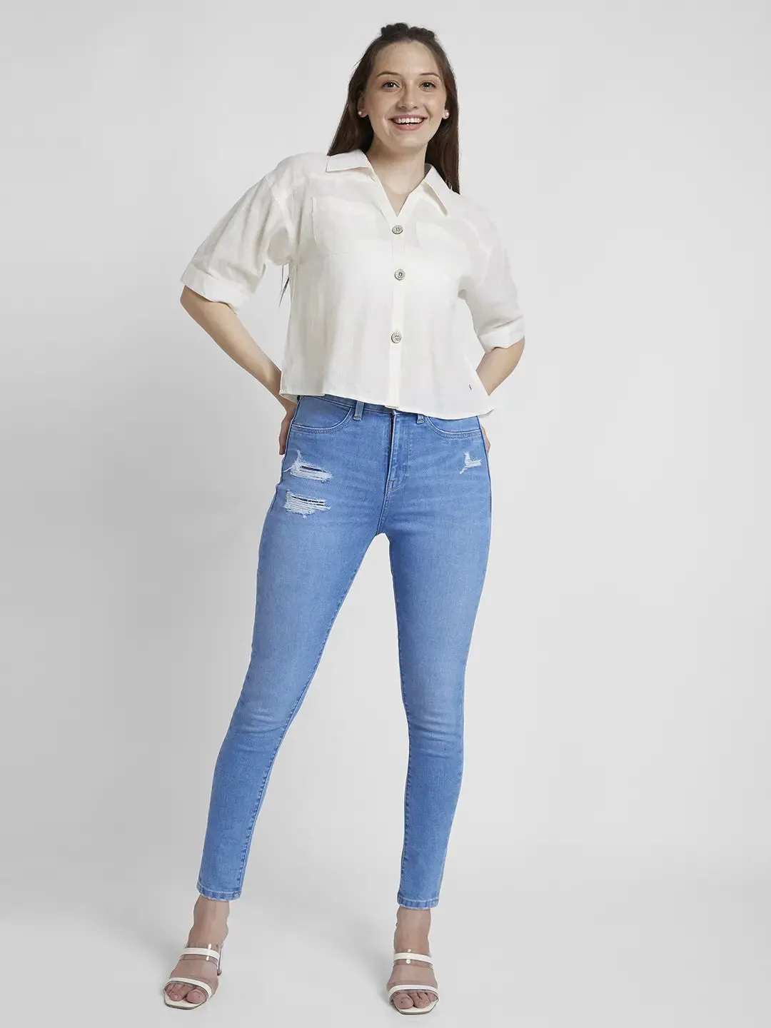 Spykar Women White Viscose Linen Slim Fit Half Sleeve Plain Crop Shirt