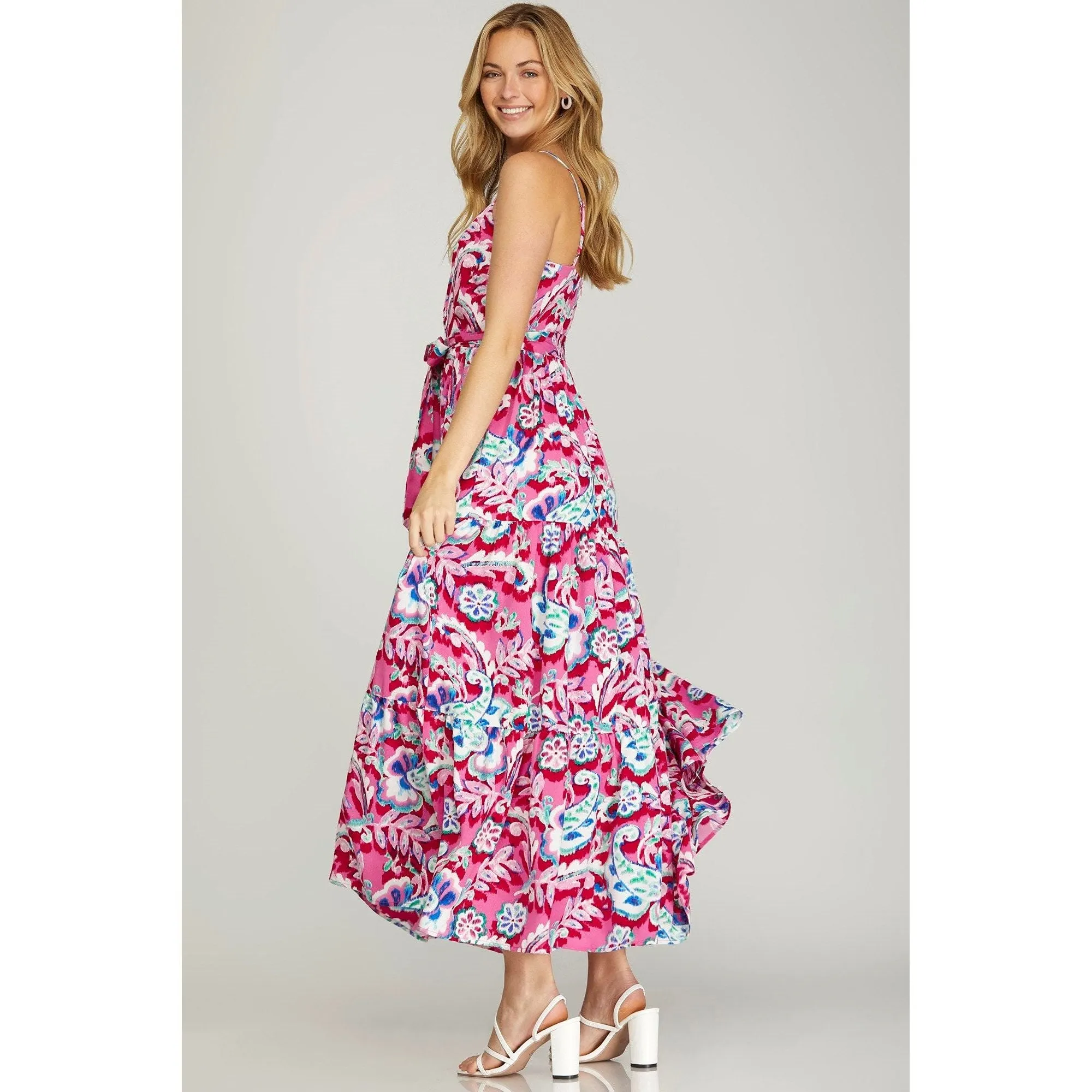 Surplice Cami Print Tiered Maxi Dress