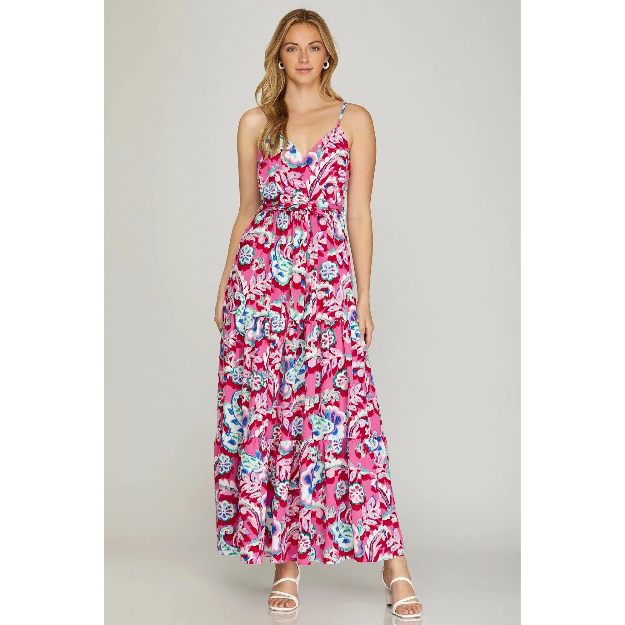 Surplice Cami Print Tiered Maxi Dress