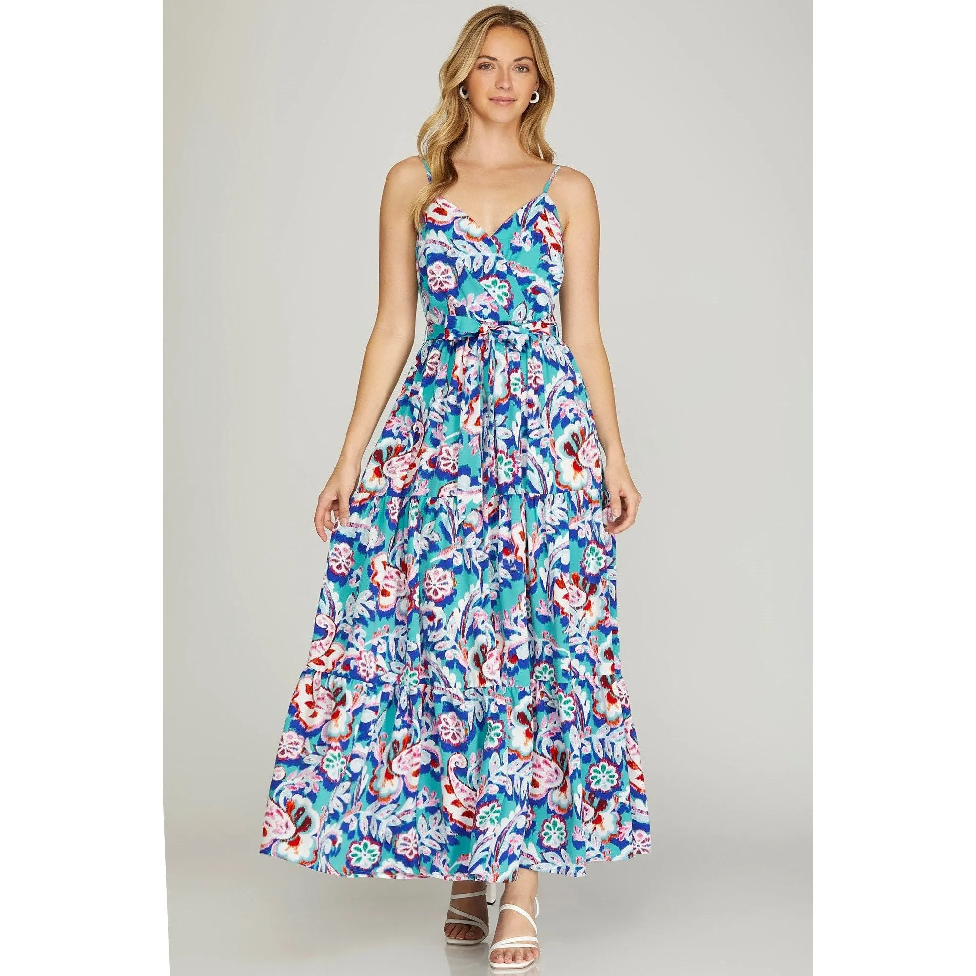 Surplice Cami Print Tiered Maxi Dress