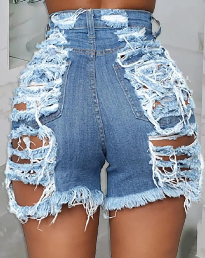 Trendy Ripped Hollow Out Denim Shorts