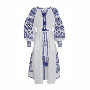 White and Blue Embroidered Long Bohemian Dress